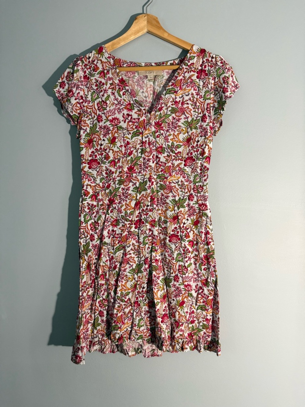 LOFT Pink & Green Floral Short Sleeve Button Dress